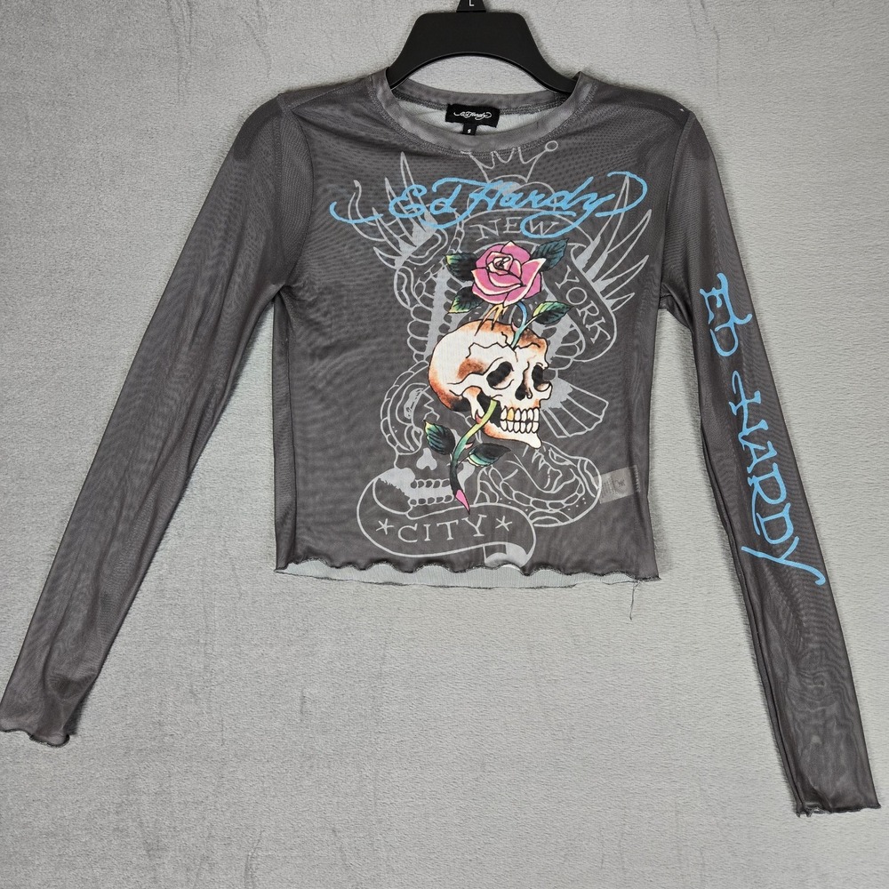 Ed Hardy Top Womens Small Y2K Grunge Streetwear Graphic Rose Skull Tattoo Sheer